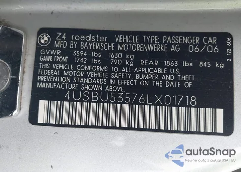 2006 BMW Z4 3.0Si z USA, uszkodzony, nr VIN 4USBU53576LX01718